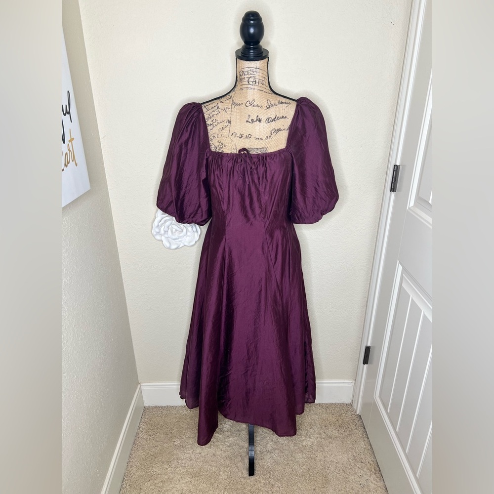NTM: Baevely Plum Midi Dress Square Neck Bubble Sleeves Back Zip Size M
